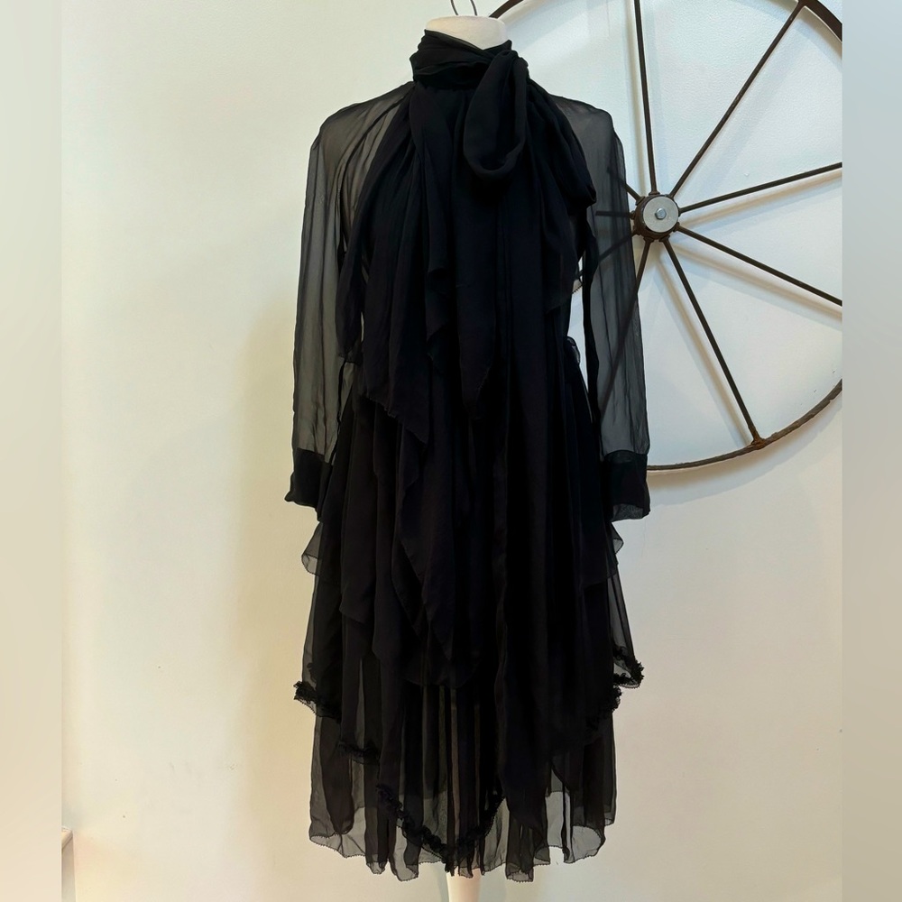 Givenchy black draped runway semi sheer Victorian high fashion chic dress 38